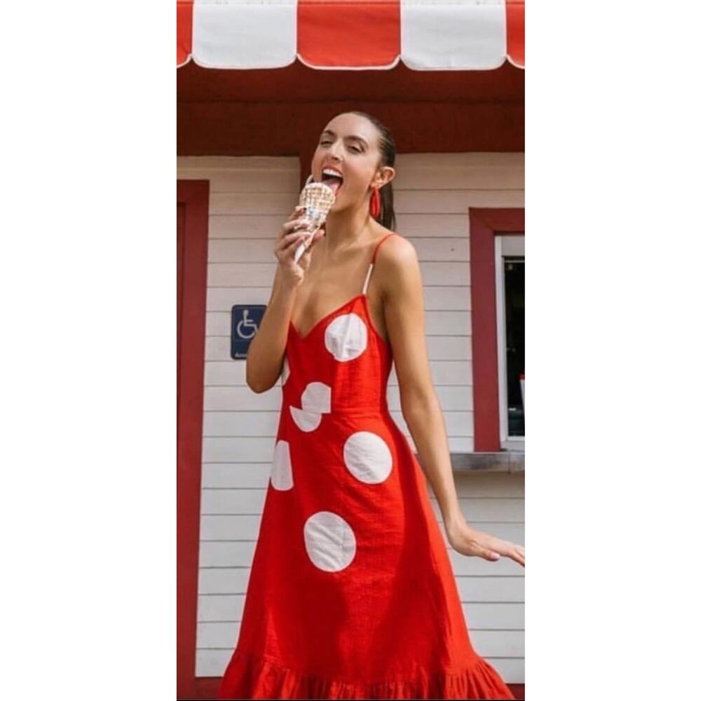Anthropologie Red Midi Dress with White Polka Dots